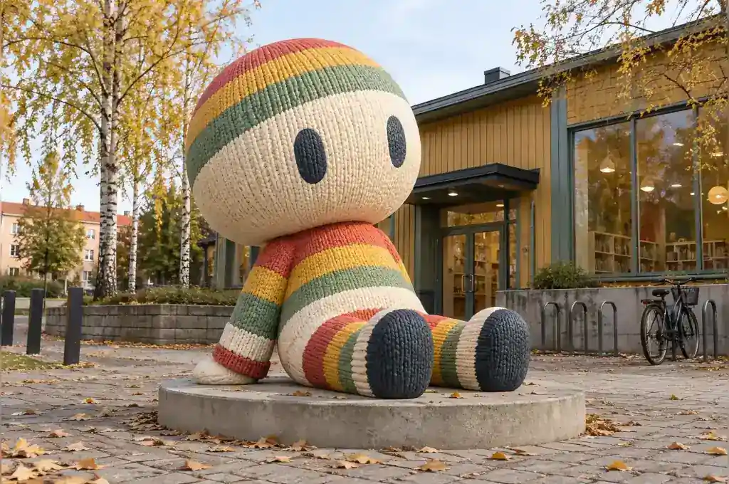 Knitted look cartoon abstract character sculpture outside a Gothenburg children's library