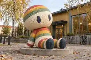 Knitted look cartoon abstract character sculpture outside a Gothenburg children's library