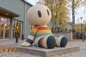 Three-quarter view of a 2.2 m cartoon abstract character with raised knitted stitch texture