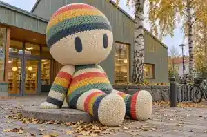 Detail of the ribbed cuffs and chunky stitch bands on a knitted abstract character sculpture
