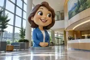 Large cartoon half-length portrait of a woman in gloss-painted fibreglass, Portland hospital lobby