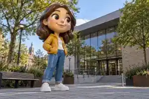 Three-quarter view of a life-size cartoon figure fibreglass sculpture with hand-painted detail on a library forecourt