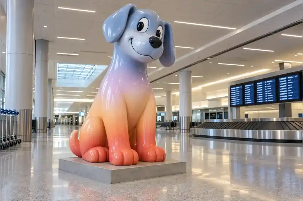2.8 m cartoon welcome dog in an airport arrivals hall in Oslo, seated on a low aluminium base