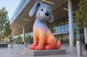 Three-quarter view of the painted fibreglass cartoon dog showing the coral-to-lilac airbrushed gradient