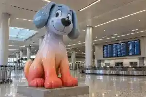 Detail of the cartoon dog's head showing the plain oval eyes and 140 mm ears