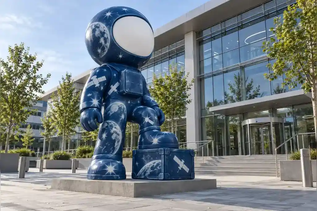 Cyanotype blue cartoon astronaut sculpture with white silhouettes on a Toulouse company plaza