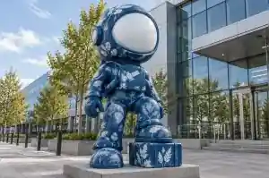 Detail of the uneven sun-print staining and white silhouette edges on a blueprint astronaut