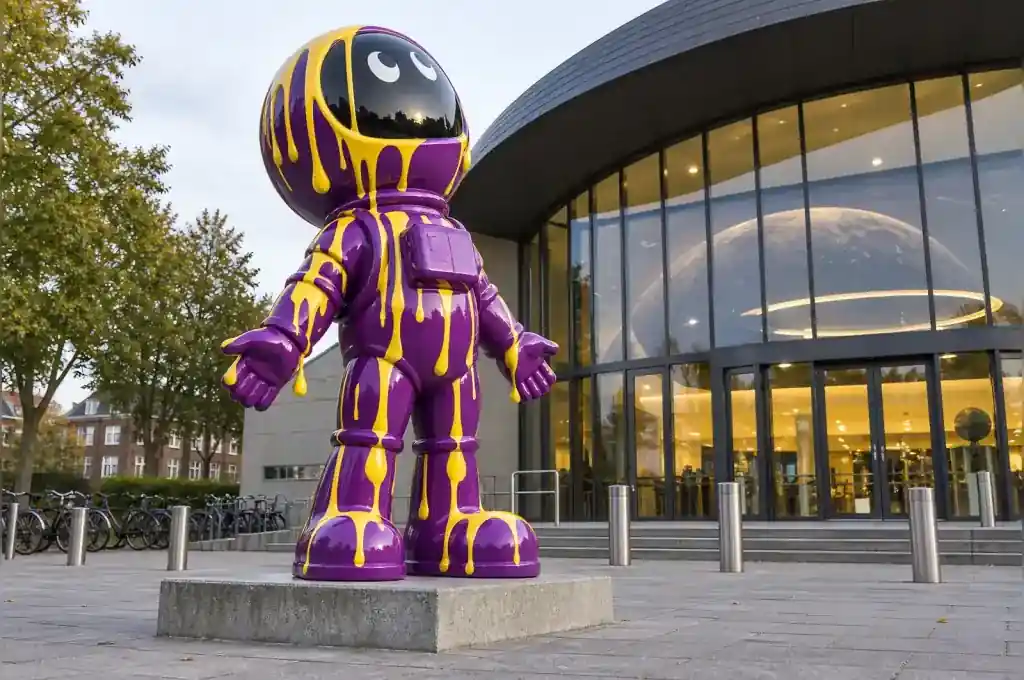 Cartoon astronaut sculpture covered in frozen paint drips on a planetarium forecourt in Leiden