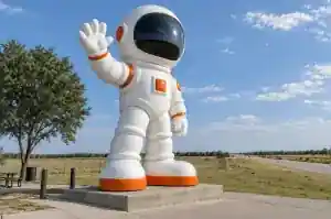 Low angle view of a 6.5 m giant fibreglass astronaut sculpture against an open sky