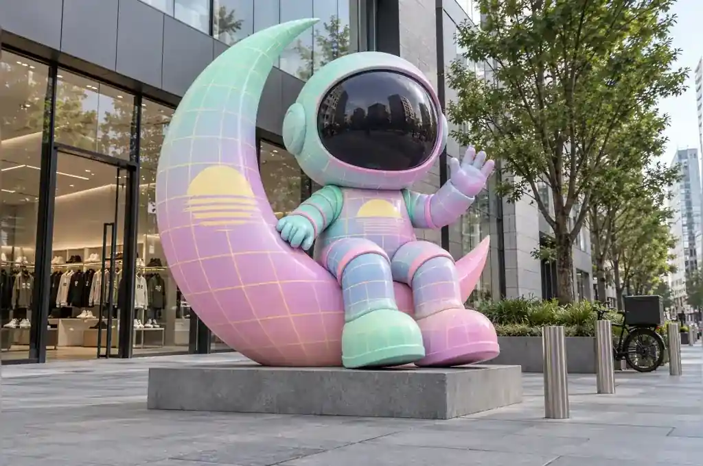 Cartoon astronaut mascot sculpture seated on a crescent moon outside a Seoul streetwear storefront