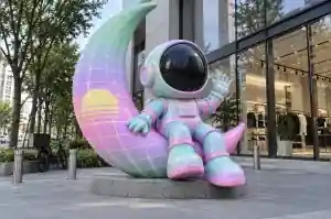 Three-quarter view of a 2.6 m vapourwave-painted astronaut sculpture on a crescent moon