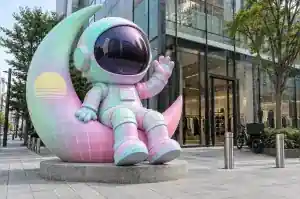 Detail of the neon wireframe grid and half-sun disc on a cartoon astronaut storefront sculpture