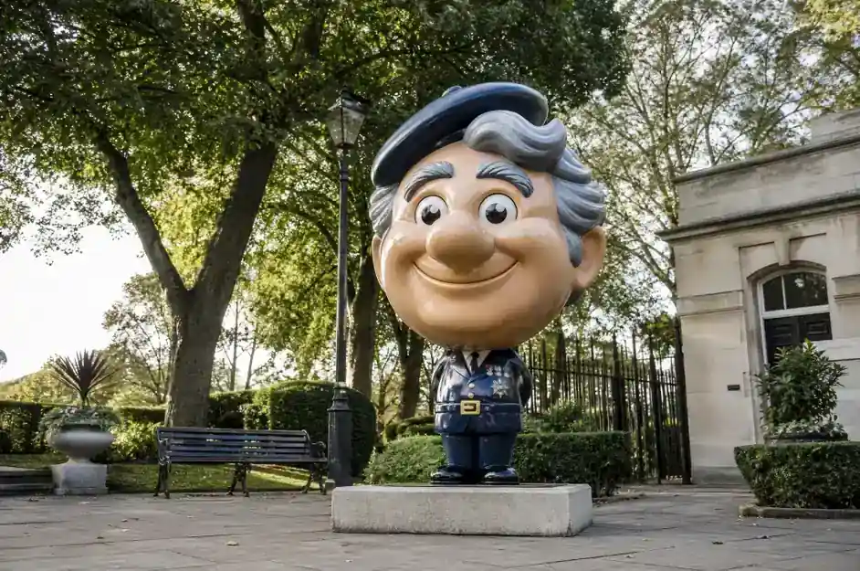 Large cartoon caricature bust of a veteran in a beret and uniform, Portsmouth public garden