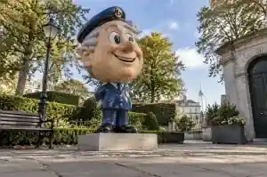 Three-quarter view of a cartoon caricature bust with hand-painted uniform detail, Portsmouth