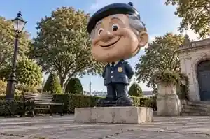Detail of the painted beret badge on a cartoon caricature bust sculpture