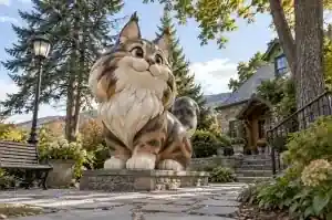 Large cartoon Maine Coon sculpture in gloss-painted fibreglass in a Vermont garden