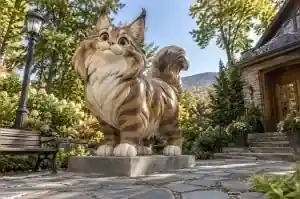 Three-quarter view of a cartoon Maine Coon fibreglass sculpture with painted tabby markings