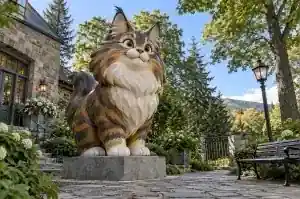 Detail of the painted head of a cartoon Maine Coon fibreglass sculpture