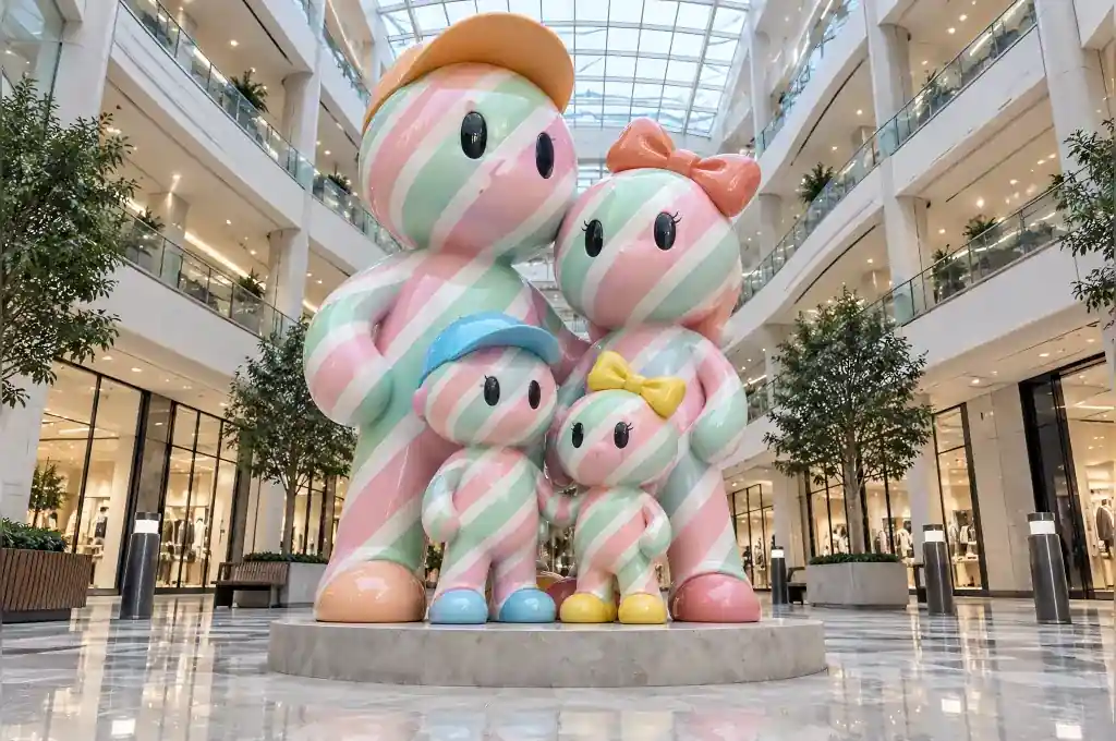 Cartoon family group of four striped figures at the centre of a Dubai shopping mall atrium