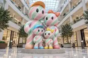 Cartoon family group of four striped figures at the centre of a Dubai shopping mall atrium