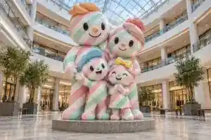 Three-quarter view of the candy-striped painted fibreglass family figures showing the accent colours