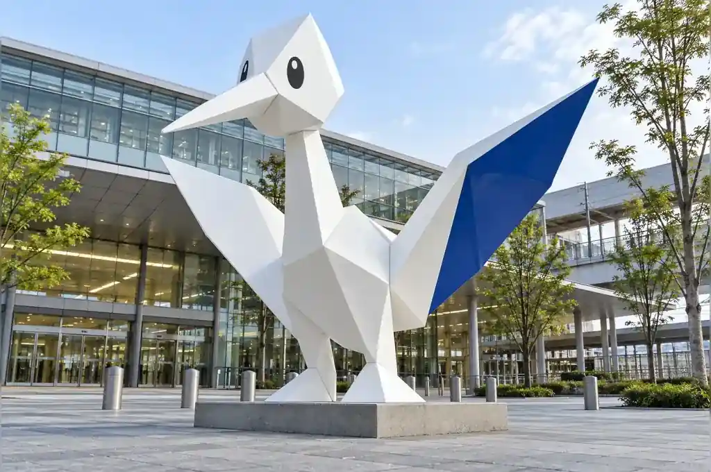 Giant origami crane sculpture in paper-white fibreglass on a station plaza in Hiroshima