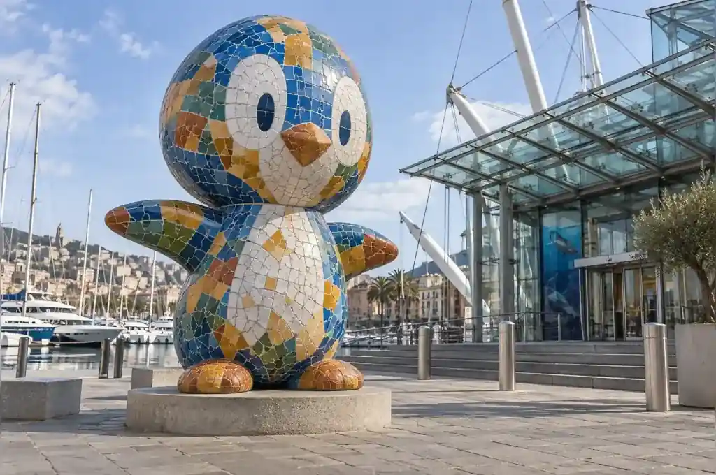 Mosaic-tiled cartoon penguin sculpture on an aquarium plaza in Genoa