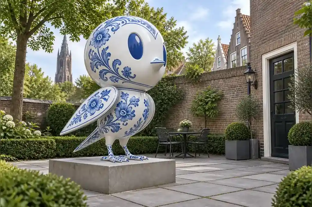 Blue-and-white porcelain-decorated cartoon swallow sculpture in a Delft hotel garden