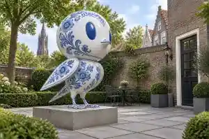 Blue-and-white porcelain-decorated cartoon swallow sculpture in a Delft hotel garden