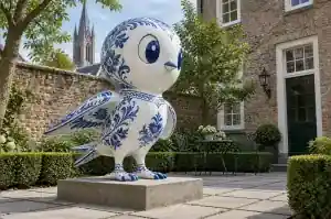 Three-quarter view of a 1.5 m swallow sculpture with cobalt feather scrollwork