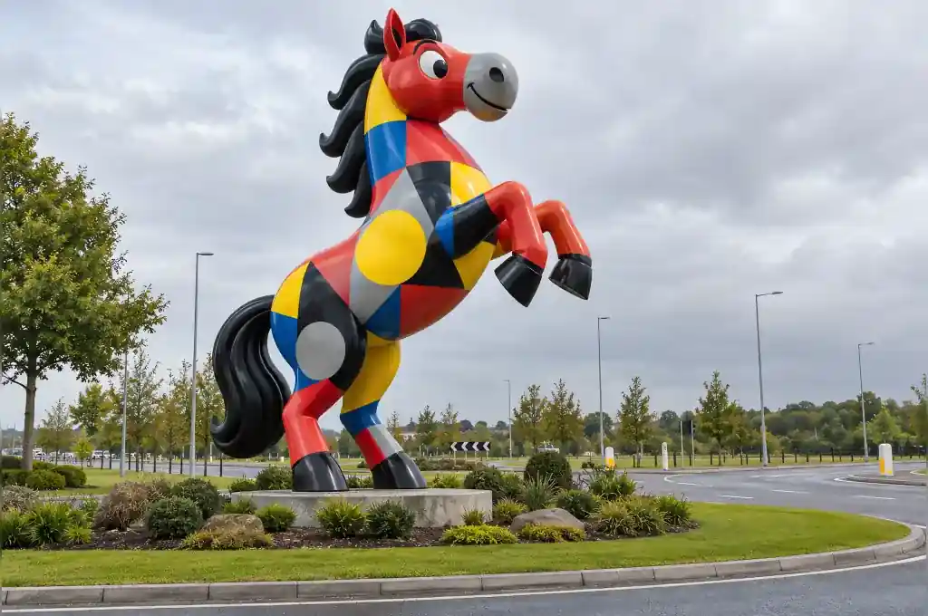 5 m cartoon horse sculpture rearing on a landscaped roundabout island near Milton Keynes