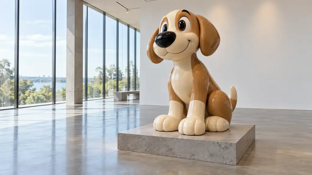 Large cartoon dog sculpture in gloss-painted fibreglass displayed as art on a plinth in a light-filled gallery space