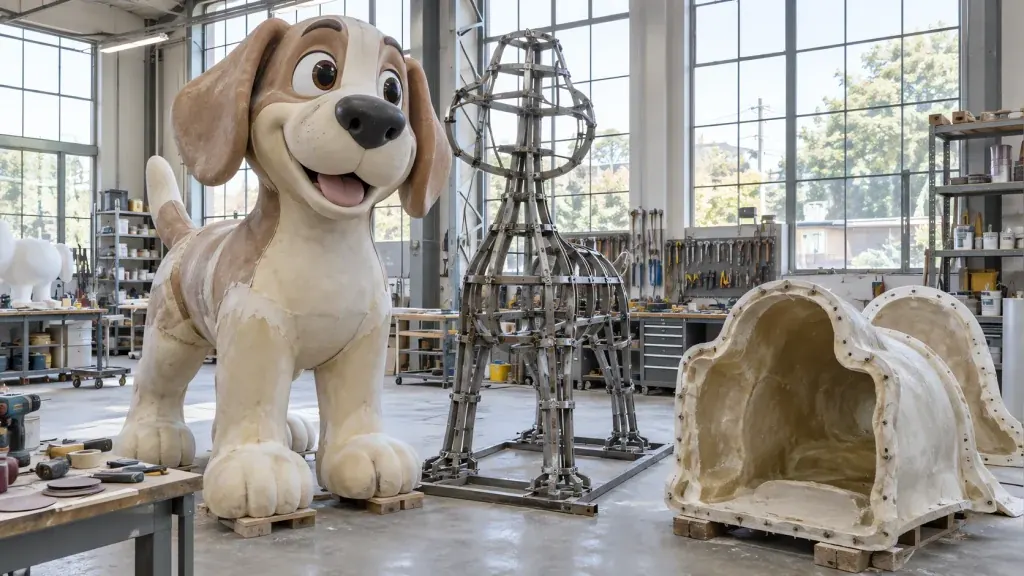 A large cartoon dog sculpture under construction in a fabrication workshop, with a steel frame and a fibreglass mould behind it