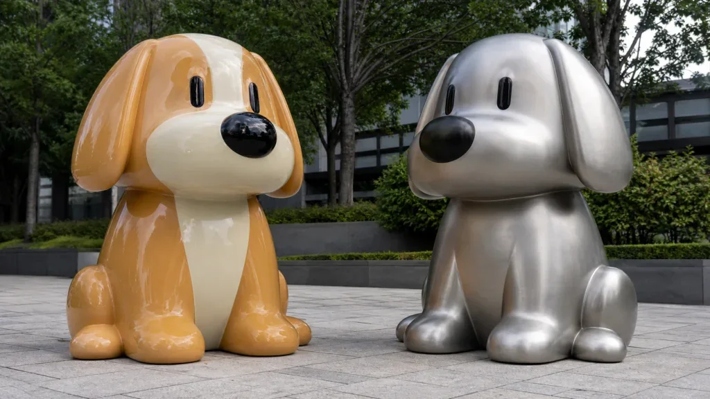 Two cartoon dog sculptures side by side, one in gloss-painted fibreglass and one in brushed stainless steel