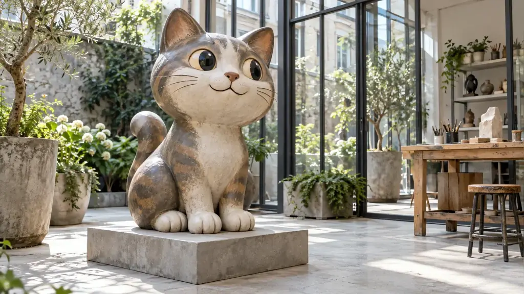A large cartoon cat sculpture on a plinth in a bright studio courtyard, with a work bench behind it