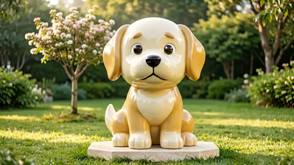 Large cartoon-style fibreglass memorial sculpture of a dog sitting on a stone base in a quiet garden