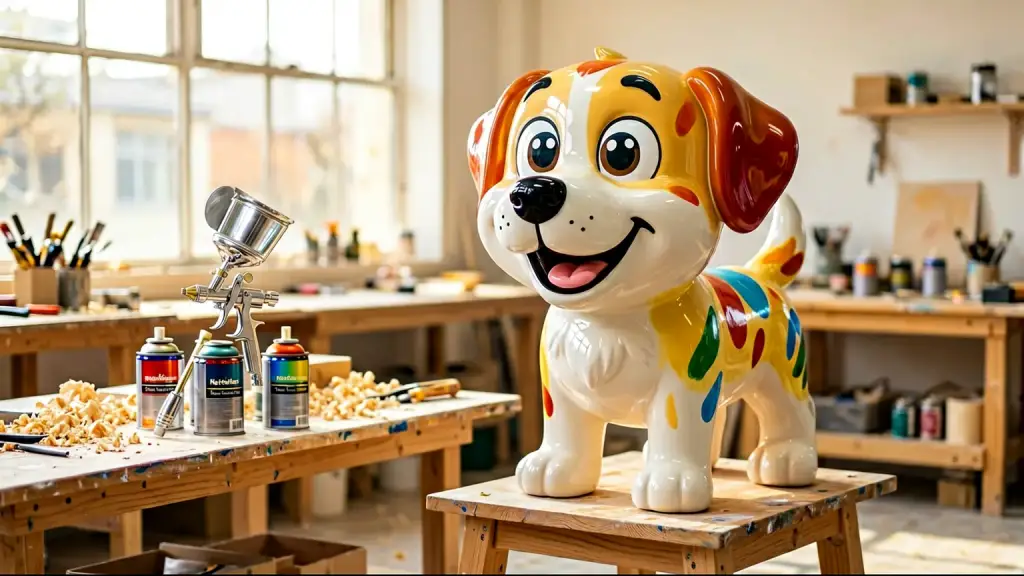 Glossy cartoon fiberglass dog sculpture finished in a workshop beside an airbrush and paint tins