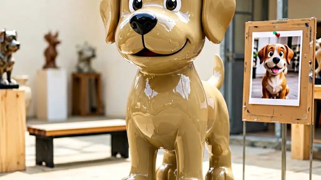 A large gloss-painted fibreglass cartoon dog statue on a plinth in a bright studio courtyard, with a printed photograph pinned nearby