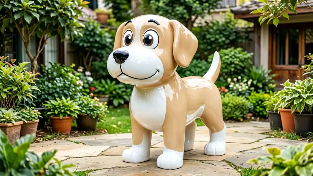 A cartoon-style FRP fibreglass dog statue from a photo, 1.8 m tall, installed on a garden path