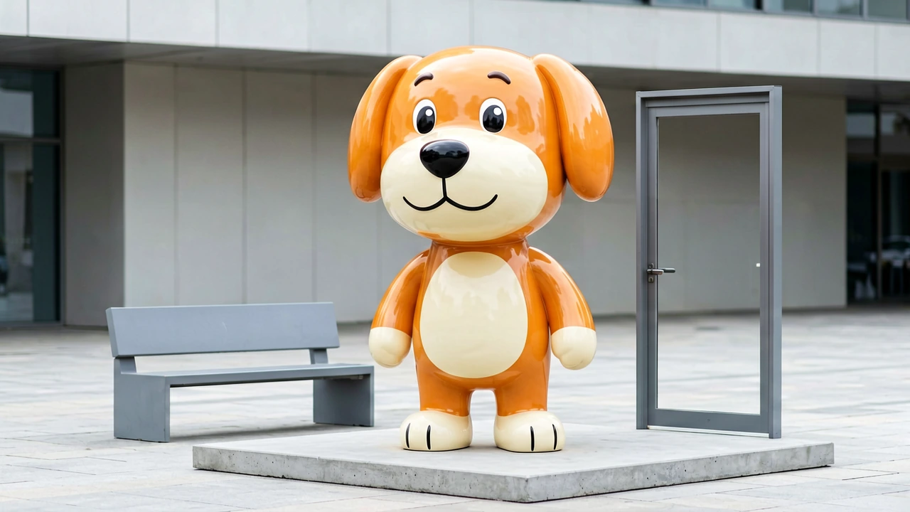 Life-size cartoon character statue in gloss-painted fibreglass beside a bench and doorway