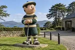 Three-quarter view of the knitted-textured painted fibreglass golfer showing the club-colour bands and cuffs