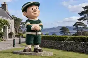 Detail of the cartoon golfer's head and ribbed collar showing the moulded knit stitch pattern