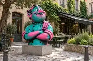 Riso print style cartoon bust of a chef-owner in a Lyon restaurant courtyard