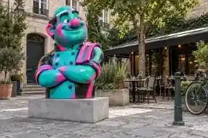 Three-quarter view of a 1.5 m cartoon bust printed in teal, fluorescent pink and black