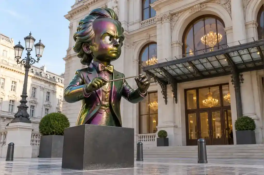 Iridescent colour shift cartoon bust of an orchestra conductor in a Vienna concert hall foyer