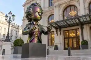 Iridescent colour shift cartoon bust of an orchestra conductor in a Vienna concert hall foyer