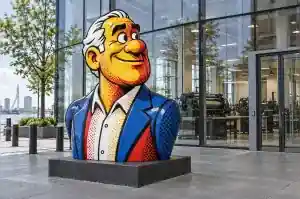 Three-quarter view of a 1.7 m cartoon bust with thick black contour lines and flat primary colour