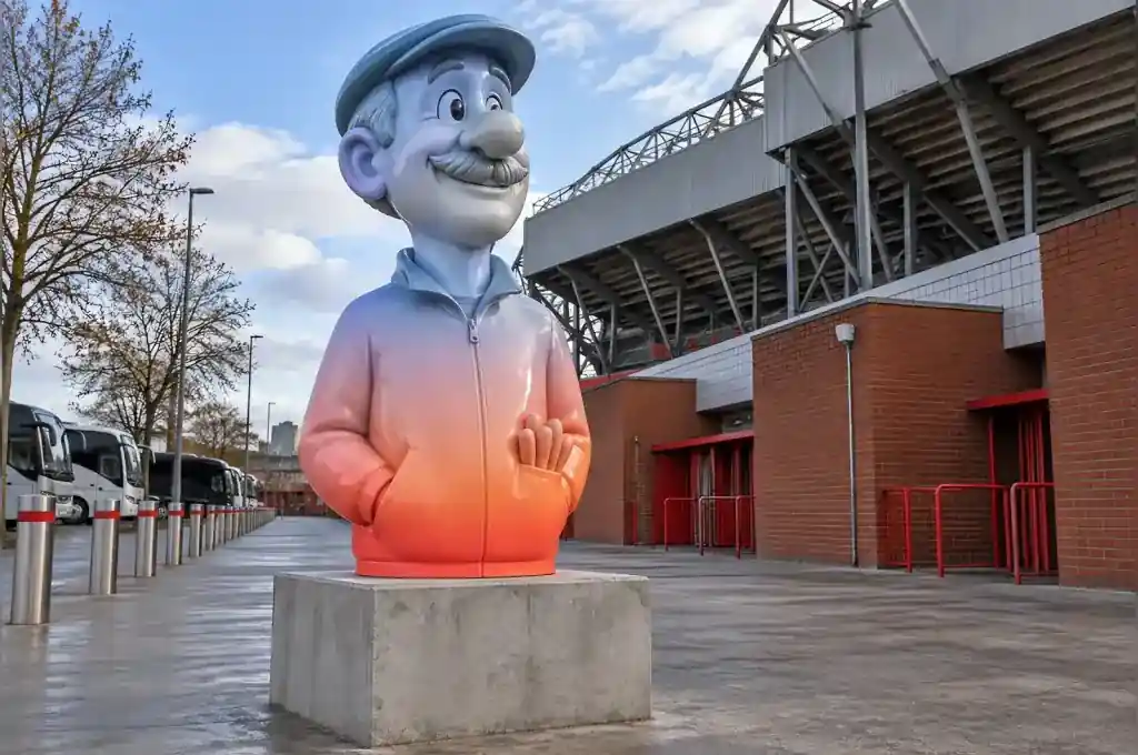 Sunset gradient cartoon bust of a football club groundsman on a Liverpool stadium concourse