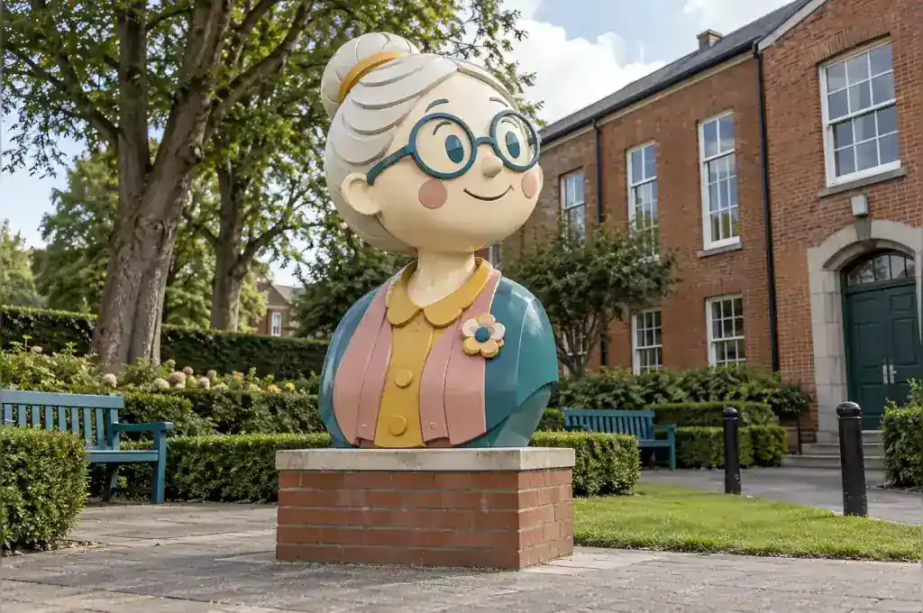 Papercut style cartoon bust of a retired school headmistress in a Dublin school garden
