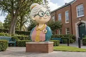 Papercut style cartoon bust of a retired school headmistress in a Dublin school garden